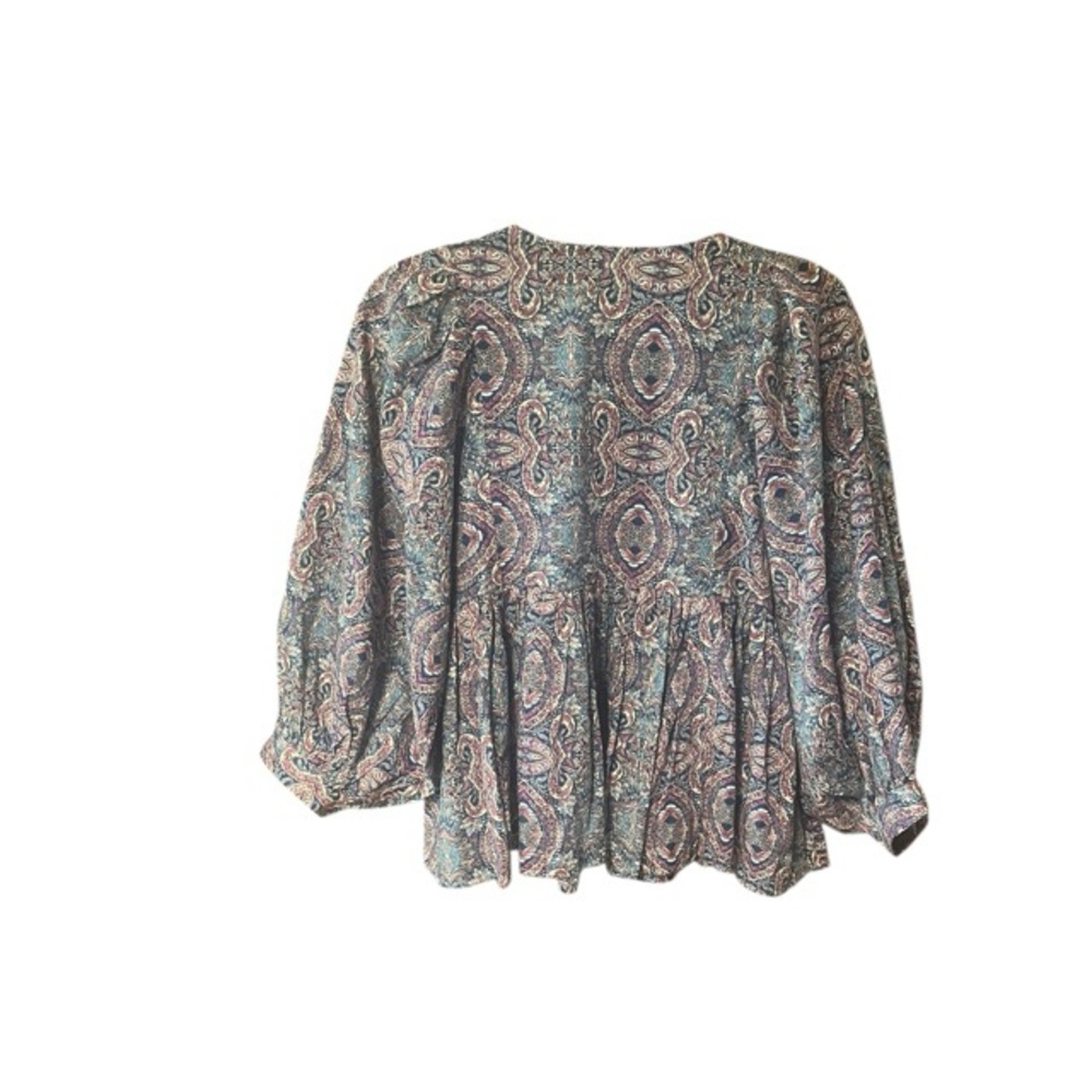 Banana Republic Factory Paisley Ballon Sleeve Tie Neck Blouse In Blue Ash - Picture 3 of 6